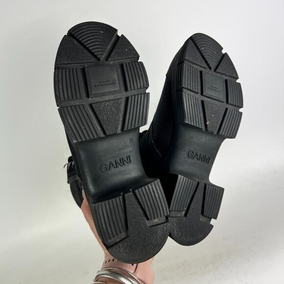 Ganni Combat Boots Women's 9 Black Polyester Faux Shearling-Lined Lace-Up - Picture 8 of 10